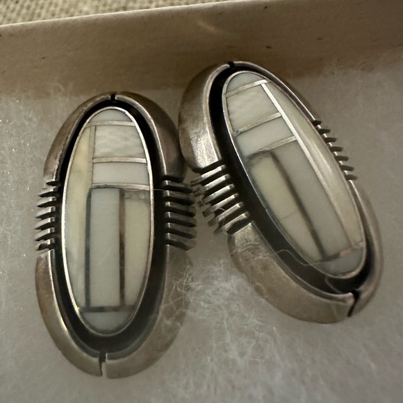 Gilbert Nelson Sterling Silver Navajo Art Deco Inlay Inlaid Earrings Signed OOAK - Picture 5 of 9